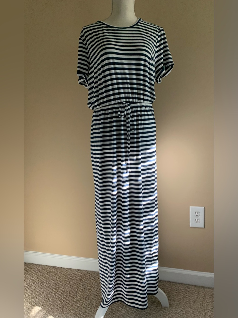 Women’s Navy and White Striped Drawstring Maxi Dress